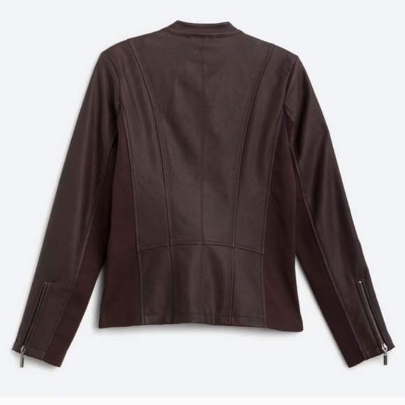 NEW Mo-Ka Faux Leather Jacket Lined Zip Pockets  Chocolate Burgundy Plum Small - Picture 2 of 14